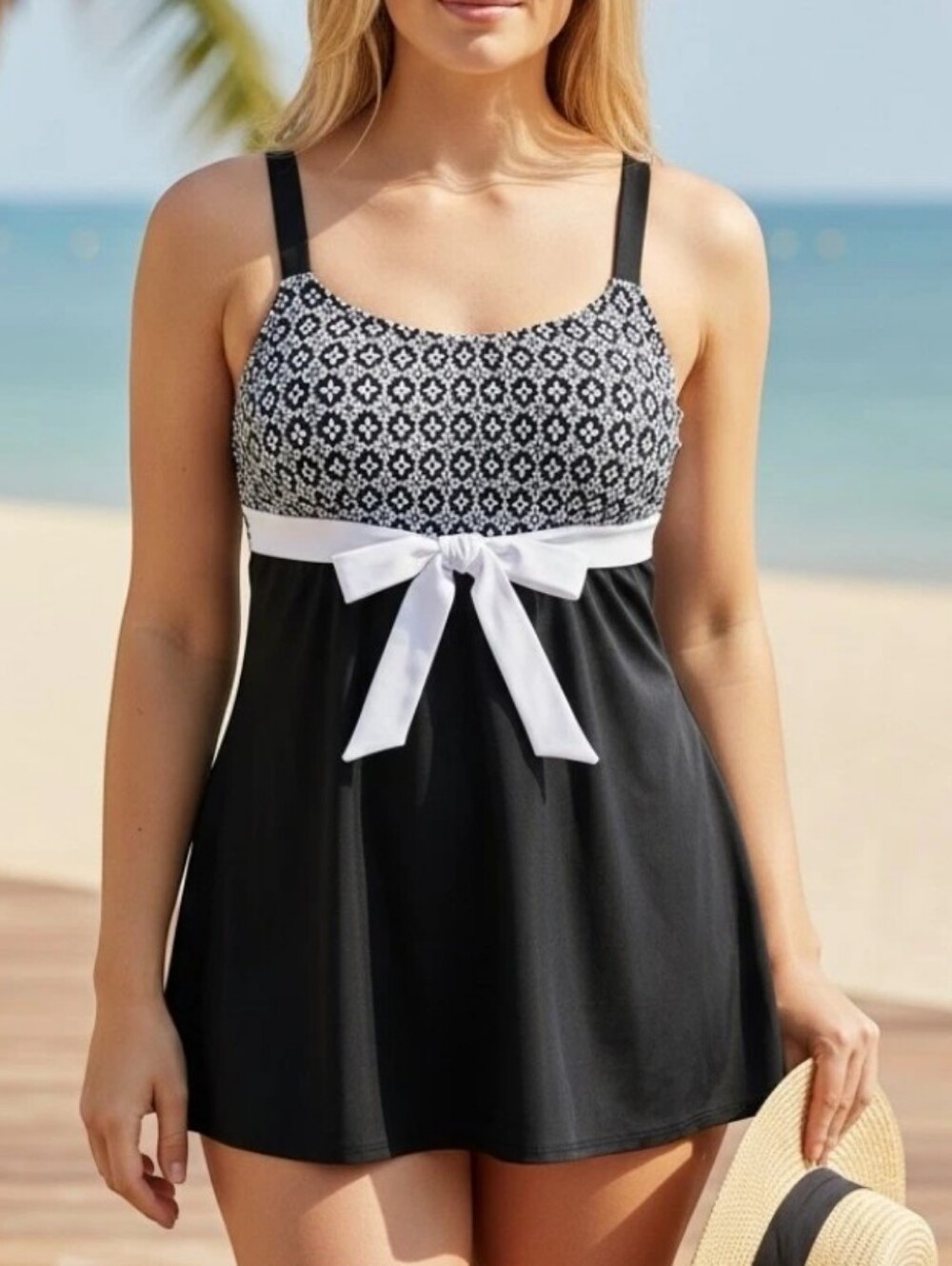 Robby Len Black & White Tankini Dress Swimmer Sz 16